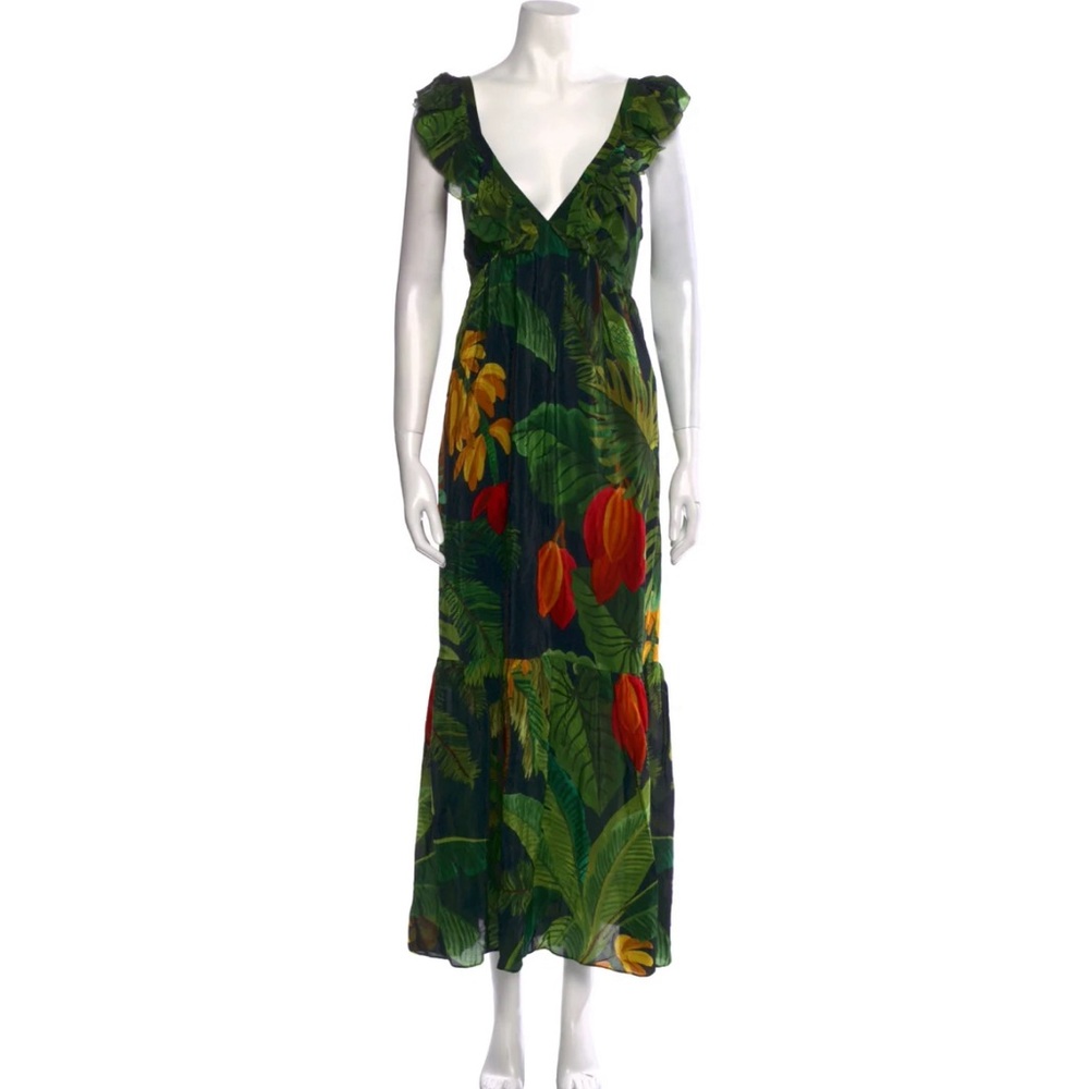 NWT Farm Rio cocoa forest frilled maxi dress. Size XL. Floral, green.